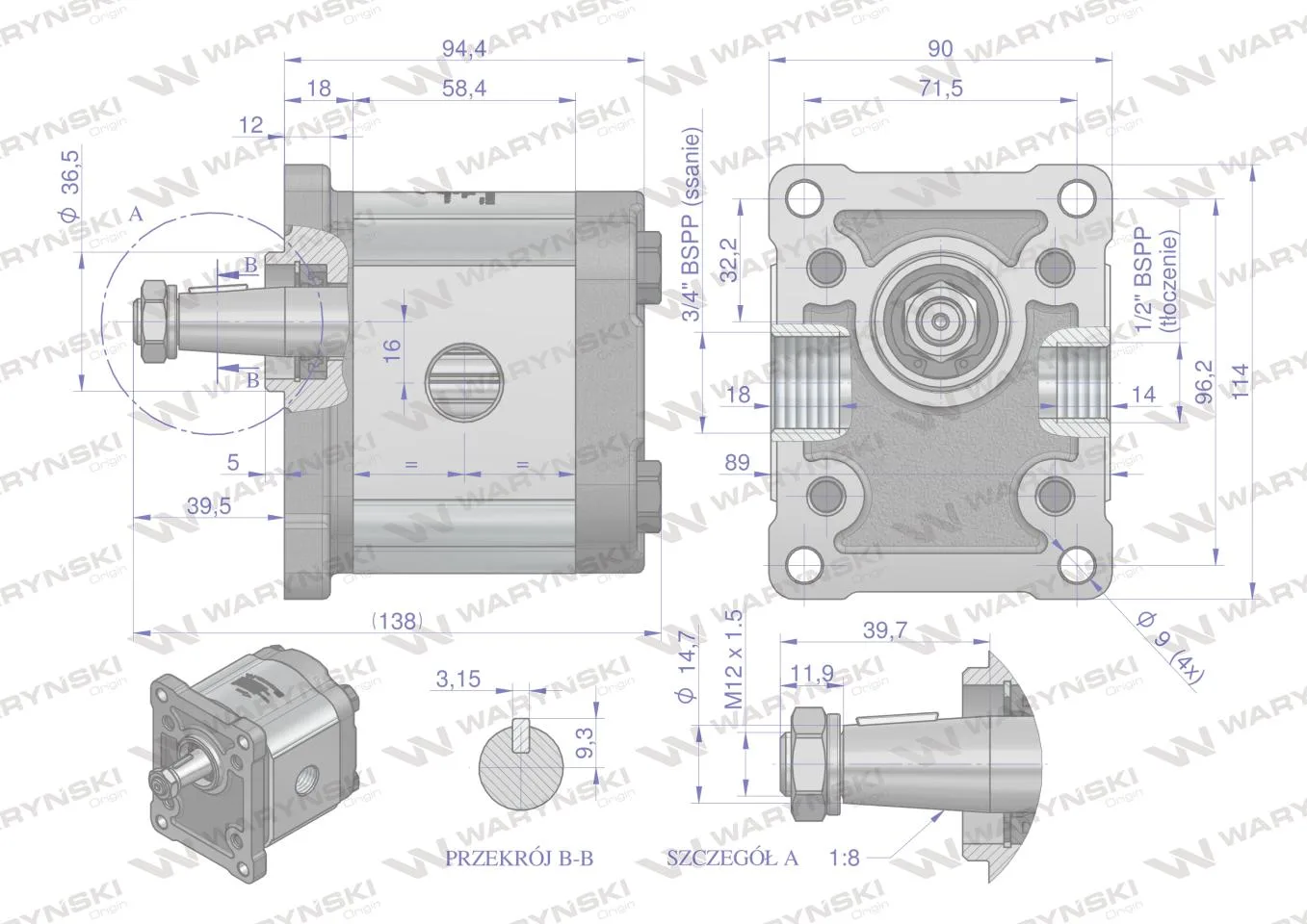 Pompa hydrauliczna zębata 11.0cm3 (grupa 2 - typ europejski) wałek 1:8 przyłącza gwintowane 1/2"-3/4" (obroty prawe) max.260 bar Waryński - obrazek 4