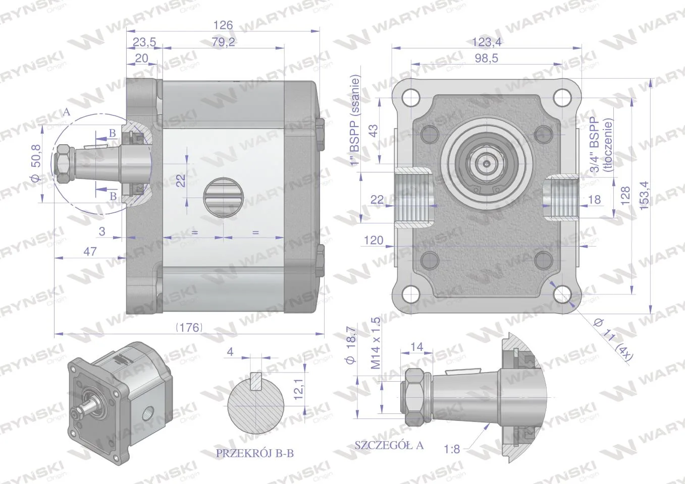 Pompa hydrauliczna zębata 33.0cm3 (grupa 3 - typ europejski) wałek 1:8 przyłącza gwintowane (obroty prawe) max.240 bar Waryński - obrazek 4