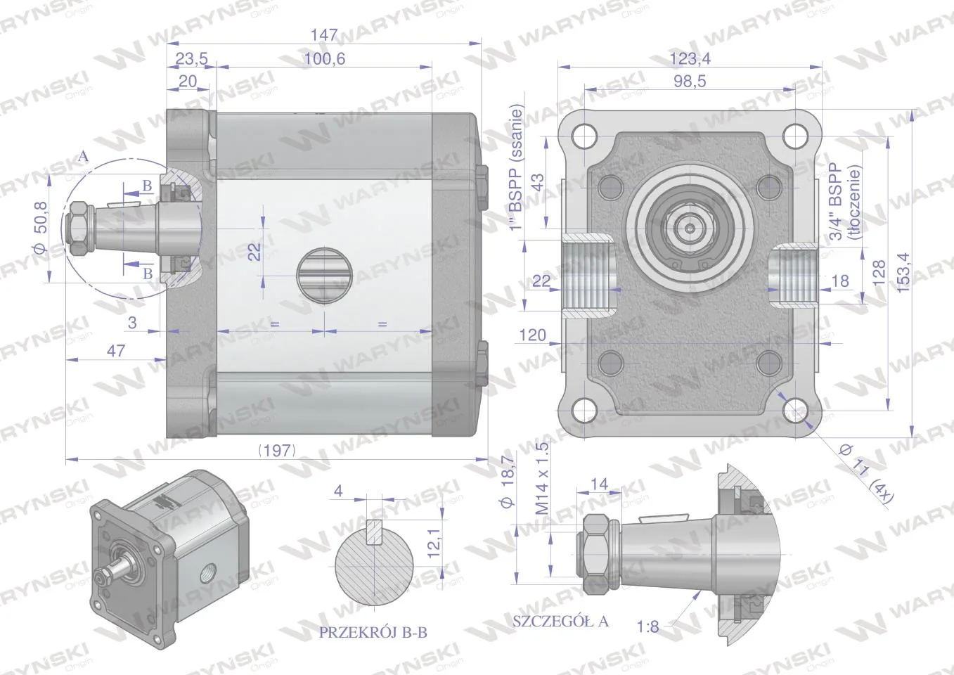 Pompa hydrauliczna zębata 48.0cm3 (grupa 3 - typ europejski) wałek 1:8 przyłącza gwintowane (obroty prawe) max.210 bar Waryński - obrazek 4