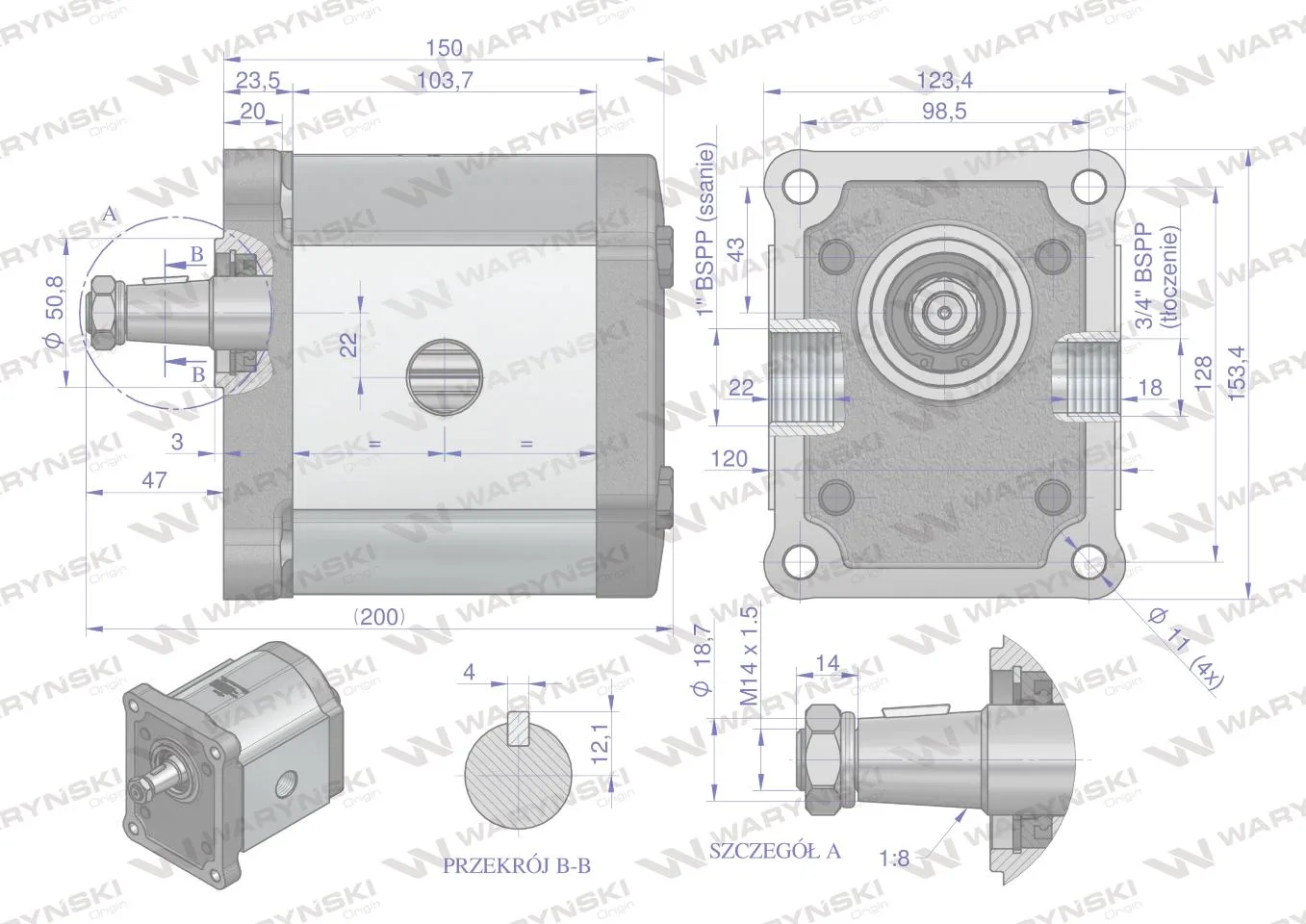 Pompa hydrauliczna zębata 52.0cm3 (grupa 3 - typ europejski) wałek 1:8 przyłącza gwintowane (obroty prawe) max.210 bar Waryński - obrazek 4
