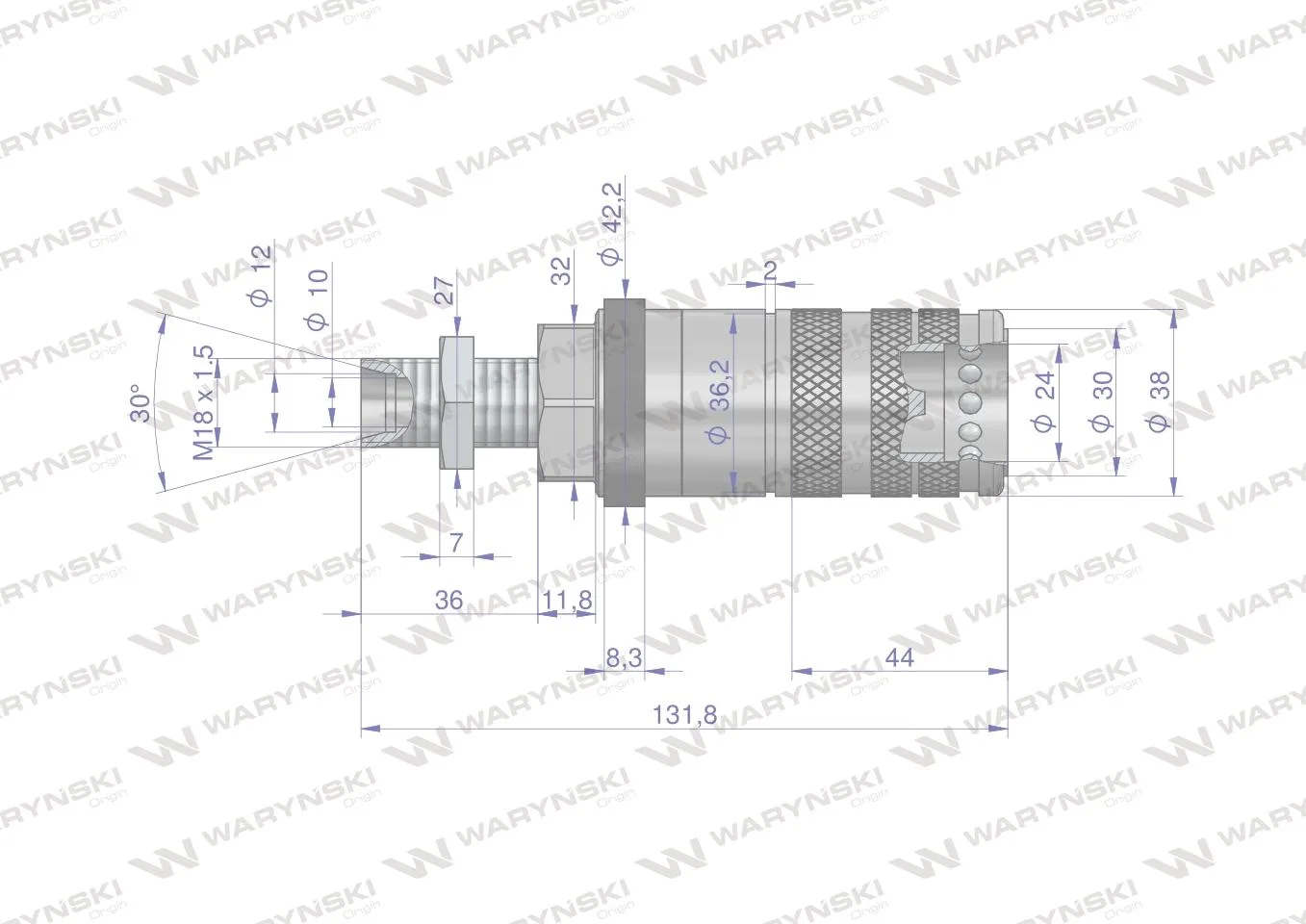 Szybkozłącze hydrauliczne zrywalne seria WIA3CV (3CFPV) 68 l/min gniazdo long M18x1.5 gwint zewnętrzny EURO PUSH-PULL (ISO 7241-A) Waryński - obrazek 2