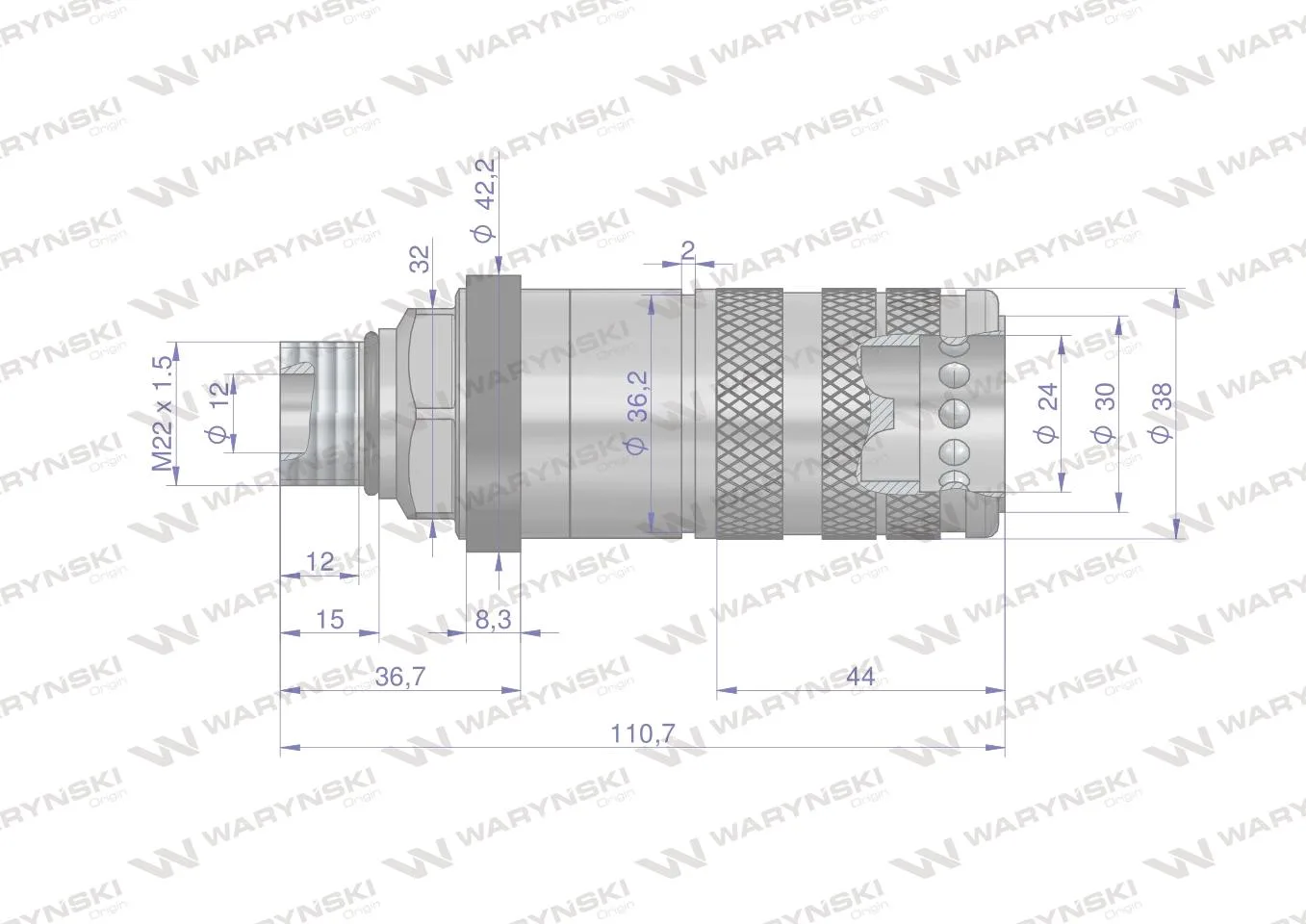 Szybkozłącze hydrauliczne zrywalne seria WIA3CV (3CFPV) 68 l/min gniazdo M22x1.5 gwint zewnętrzny EURO PUSH-PULL (ISO 7241-A) Waryński - obrazek 2