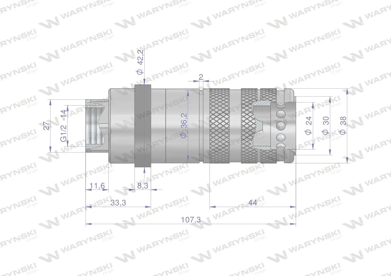 Szybkozłącze hydrauliczne zrywalne seria WIA3CV (3CFPV) 68 l/min gniazdo G1/2"BSP gwint wewnętrzny EURO PUSH-PULL (ISO 7241-A) Waryński - obrazek 2