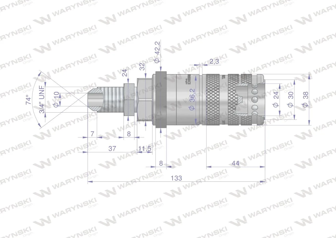 Szybkozłącze hydrauliczne zrywalne seria WIA3CV (3CFPV) 68 l/min gniazdo long 3/4" UNF gwint zewnętrzny EURO PUSH-PULL (ISO 7241-A) Waryński - obrazek 3