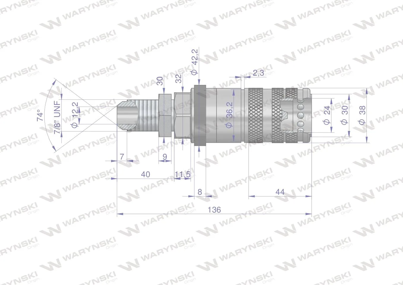 Szybkozłącze hydrauliczne zrywalne seria WIA3CV (3CFPV) 68 l/min gniazdo long 7/8" UNF gwint zewnętrzny EURO PUSH-PULL (ISO 7241-A) Waryński - obrazek 3