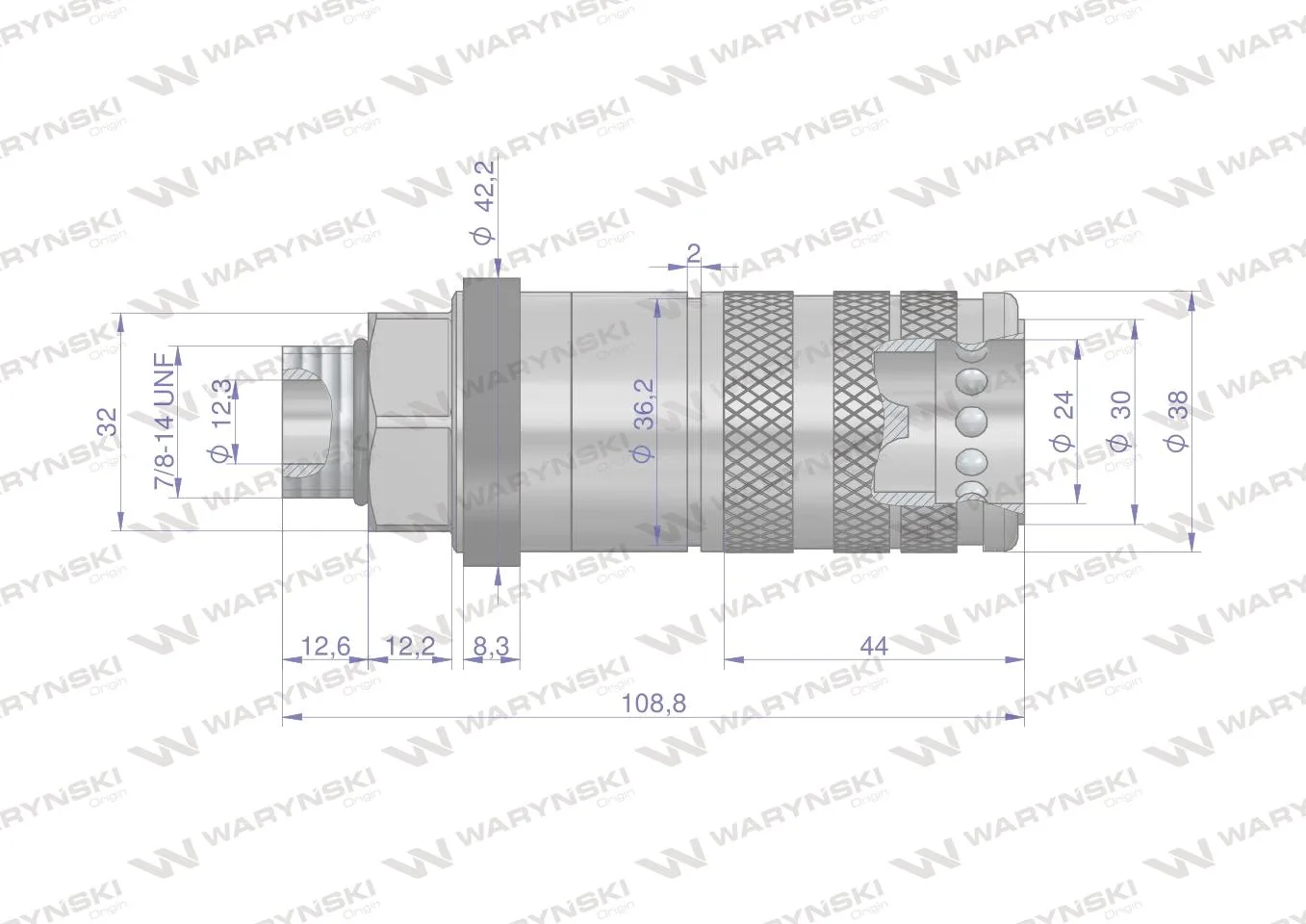 Szybkozłącze hydrauliczne zrywalne seria WIA3CV (3CFPV) 68 l/min gniazdo G7/8"UNF gwint zewnętrzny EURO PUSH-PULL (ISO 7241-A) Waryński - obrazek 2