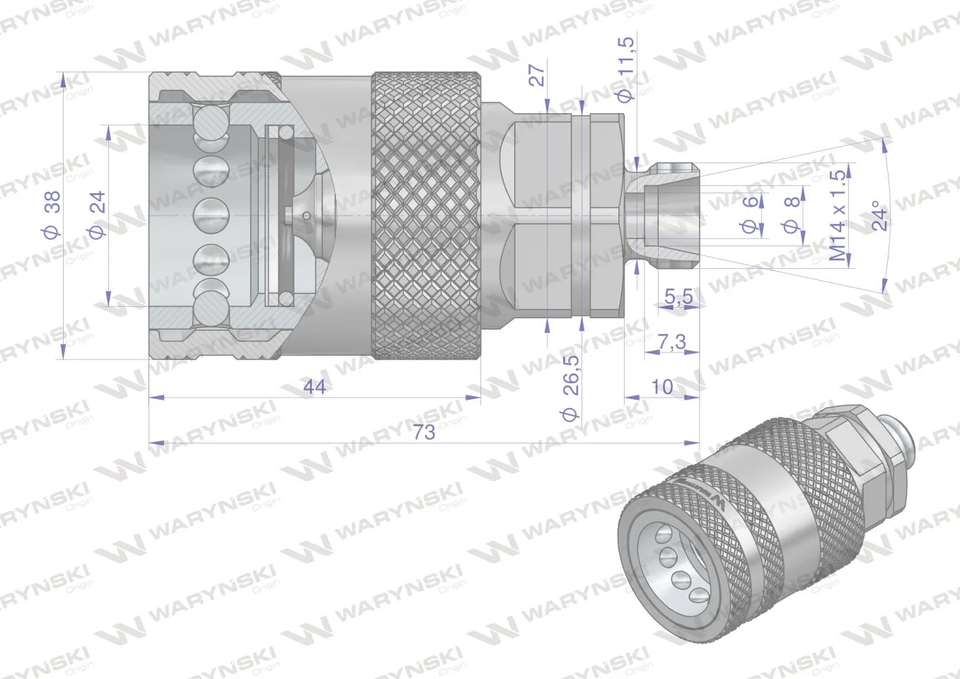 Szybkozłącze hydrauliczne gniazdo M14x1.5 gwint zewnętrzny EURO PUSH-PULL (ISO 7241-A) z eliminatorem ciśnienia Waryński - obrazek 4