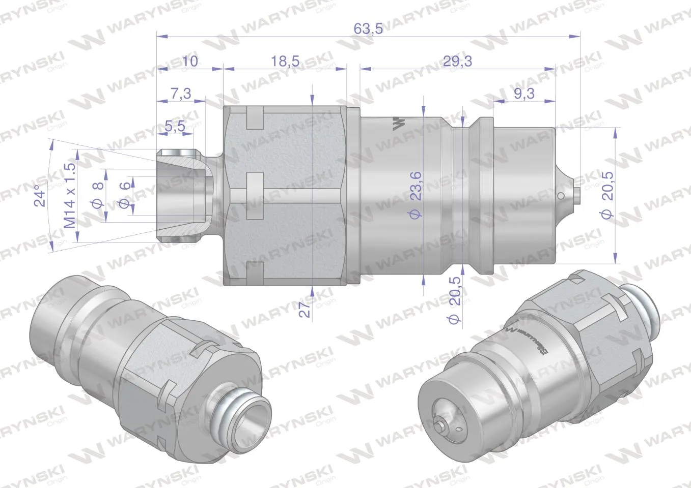 Szybkozłącze hydrauliczne wtyczka M14x1.5 gwint zewnętrzny EURO (ISO 7241-A) z eliminatorem ciśnienia Waryński - obrazek 4