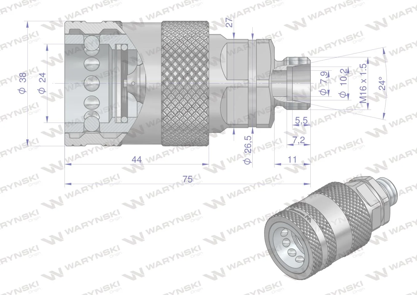 Szybkozłącze hydrauliczne gniazdo M16x1.5 gwint zewnętrzny EURO PUSH-PULL (ISO 7241-A) z eliminatorem ciśnienia Waryński - obrazek 4