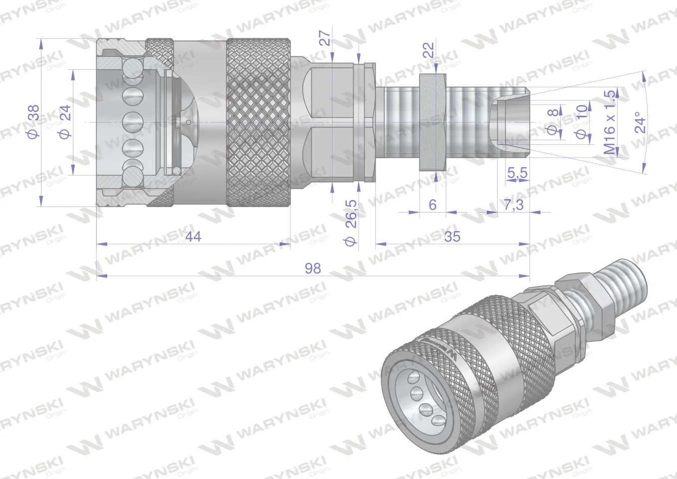 Szybkozłącze hydrauliczne gniazdo long M16x1.5 gwint zewnętrzny EURO PUSH-PULL (ISO 7241-A) z eliminatorem ciśnienia Waryński - obrazek 4