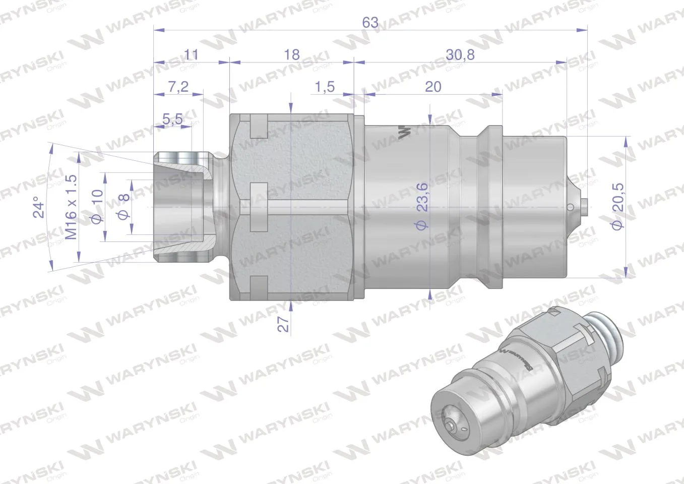 Szybkozłącze hydrauliczne wtyczka M16x1.5 gwint zewnętrzny EURO (9100816W) (ISO 7241-A) z eliminatorem ciśnienia Waryński - obrazek 4