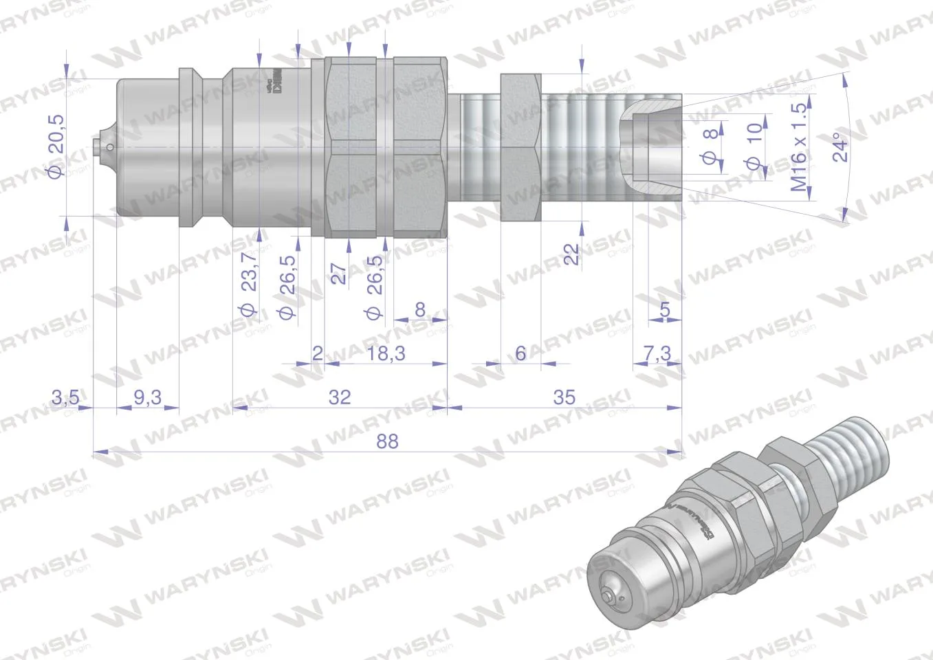 Szybkozłącze hydrauliczne wtyczka long M16x1.5 gwint zewnętrzny EURO (ISO 7241-A) z eliminatorem ciśnienia Waryński - obrazek 4