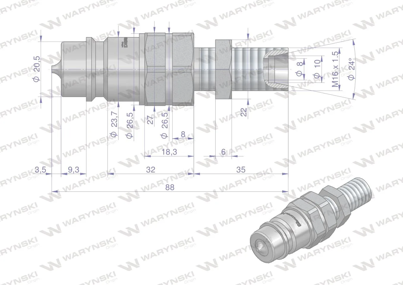 Szybkozłącze hydrauliczne wtyczka long M16x1.5 gwint zewnętrzny EURO (9100816W) (ISO 7241-A) Waryński - obrazek 2