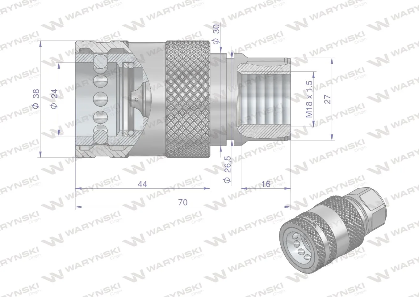 Szybkozłącze hydrauliczne gniazdo z eliminatorem ciśnienia M18x1.5 gwint wew. EURO PUSH-PULL (ISO 7241-A) Waryński - obrazek 2