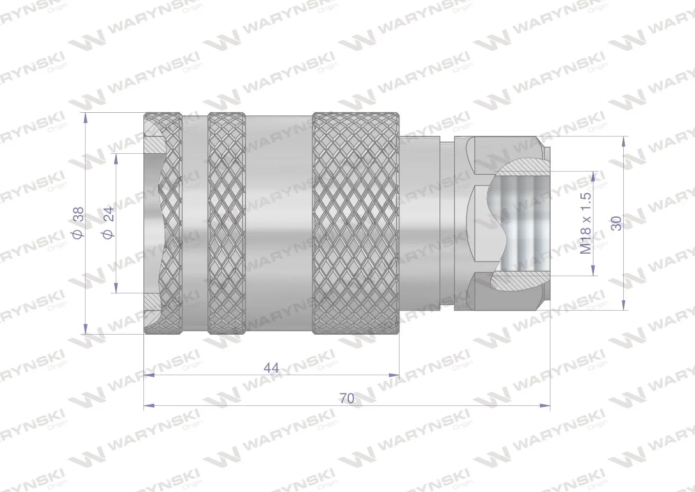 Szybkozłącze hydrauliczne gniazdo M18x1.5 gwint wewnętrzny EURO PUSH-PULL (ISO 7241-A) Waryński - obrazek 2