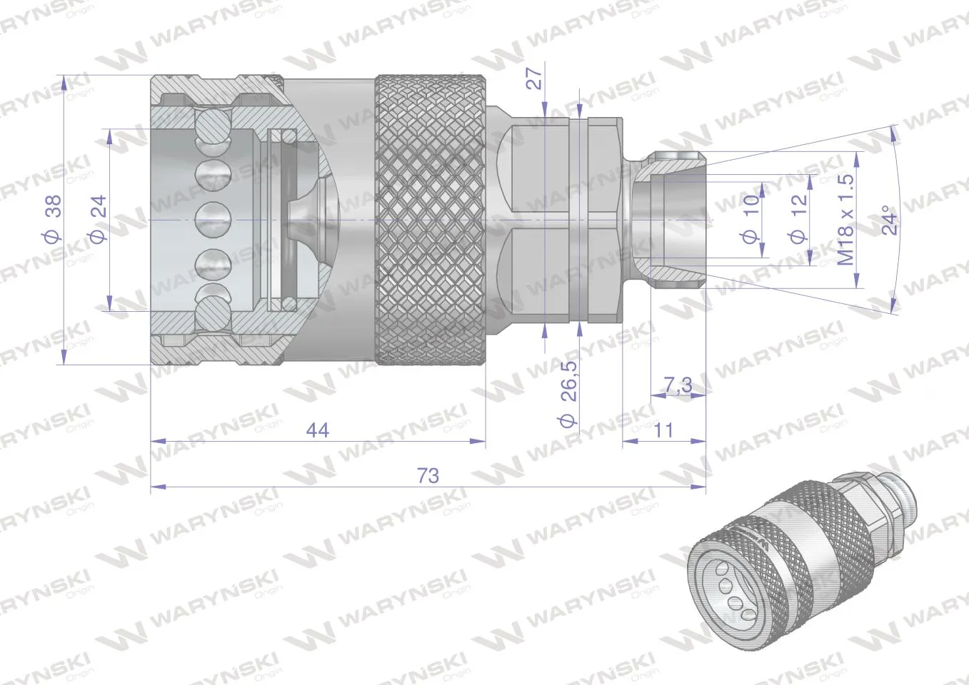 Szybkozłącze hydrauliczne gniazdo M18x1.5 gwint zewnętrzny EURO PUSH-PULL (9100818G) (ISO 7241-A) Waryński (opakowanie 10szt) - obrazek 4