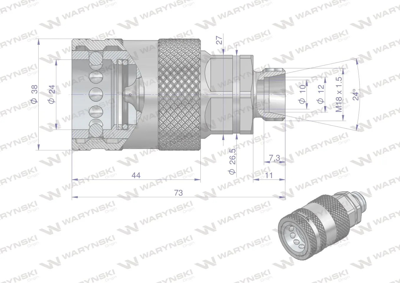Szybkozłącze hydrauliczne gniazdo z eliminatorem ciśnienia M18x1.5 gwint zew. EURO PUSH-PULL (9100818G) (ISO 7241-A) Waryński - obrazek 2