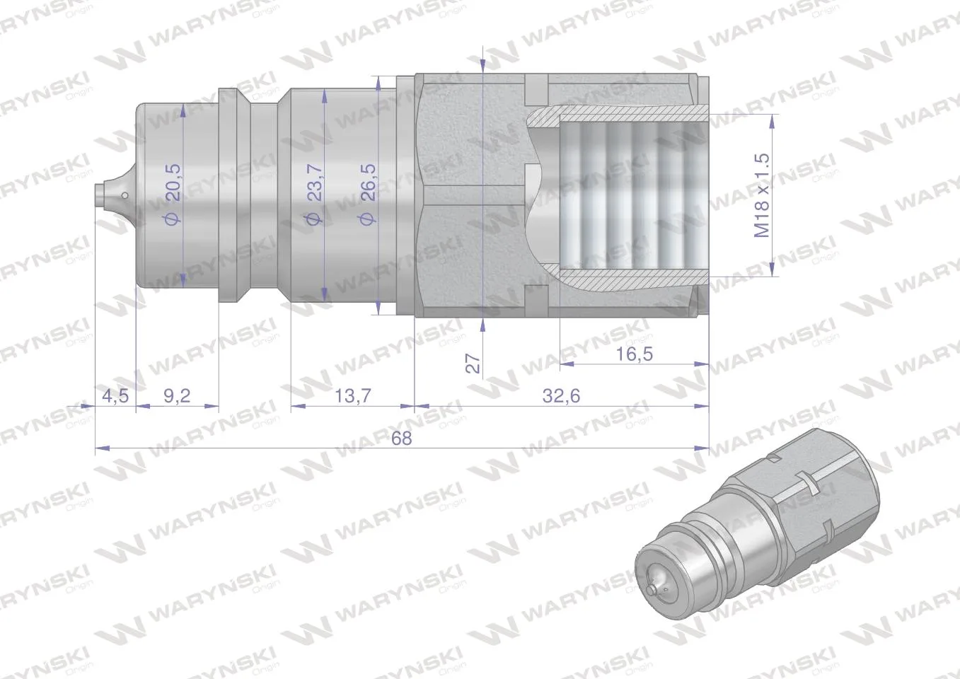 Szybkozłącze hydrauliczne wtyczka z eliminatorem ciśnienia M18x1.5 gwint wew. EURO (ISO 7241-A) Waryński - obrazek 2