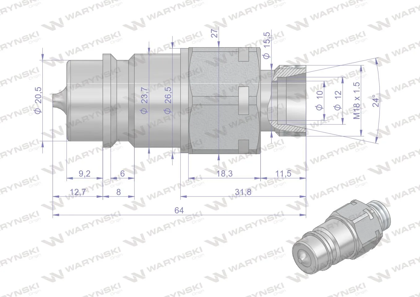 Szybkozłącze hydrauliczne wtyczka M18x1.5 gwint zewnętrzny EURO (9100818W) (ISO 7241-A) Waryński (opakowanie 100szt) - obrazek 2