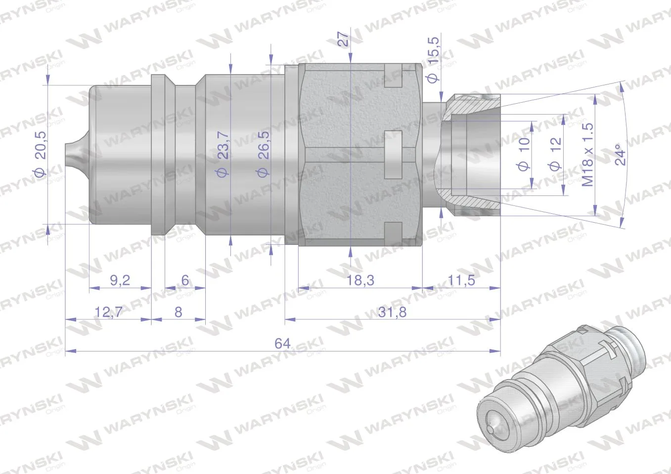 Szybkozłącze hydrauliczne wtyczka M18x1.5 gwint zewnętrzny EURO (9100818W) (ISO 7241-A) Waryński (opakowanie 10szt) - obrazek 2