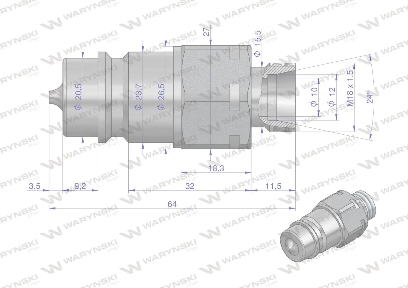 Szybkozłącze hydrauliczne wtyczka M18x1.5 gwint zewnętrzny EURO (9100818W) (ISO 7241-A) Waryński (opakowanie 50szt) - obrazek 4