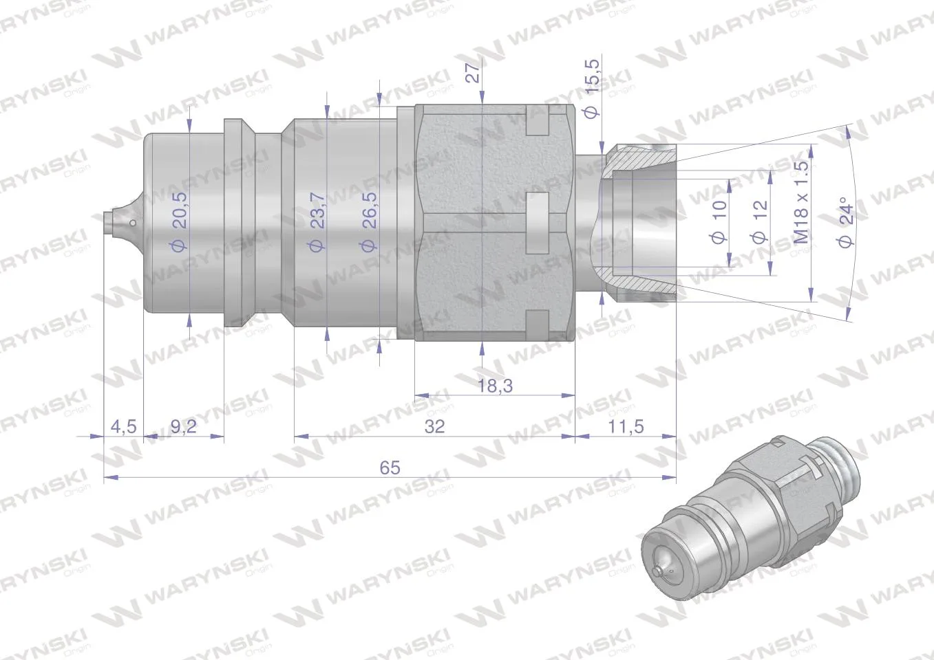 Szybkozłącze hydrauliczne wtyczka z eliminatorem ciśnienia M18x1.5 gwint zew. EURO (9100818W) (ISO 7241-A) Waryński - obrazek 4