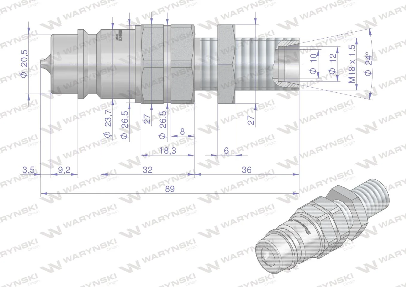 Szybkozłącze hydrauliczne wtyczka long M18x1.5 gwint zewnętrzny EURO (9100818W) (ISO 7241-A) Waryński (opakowanie 10szt) - obrazek 2