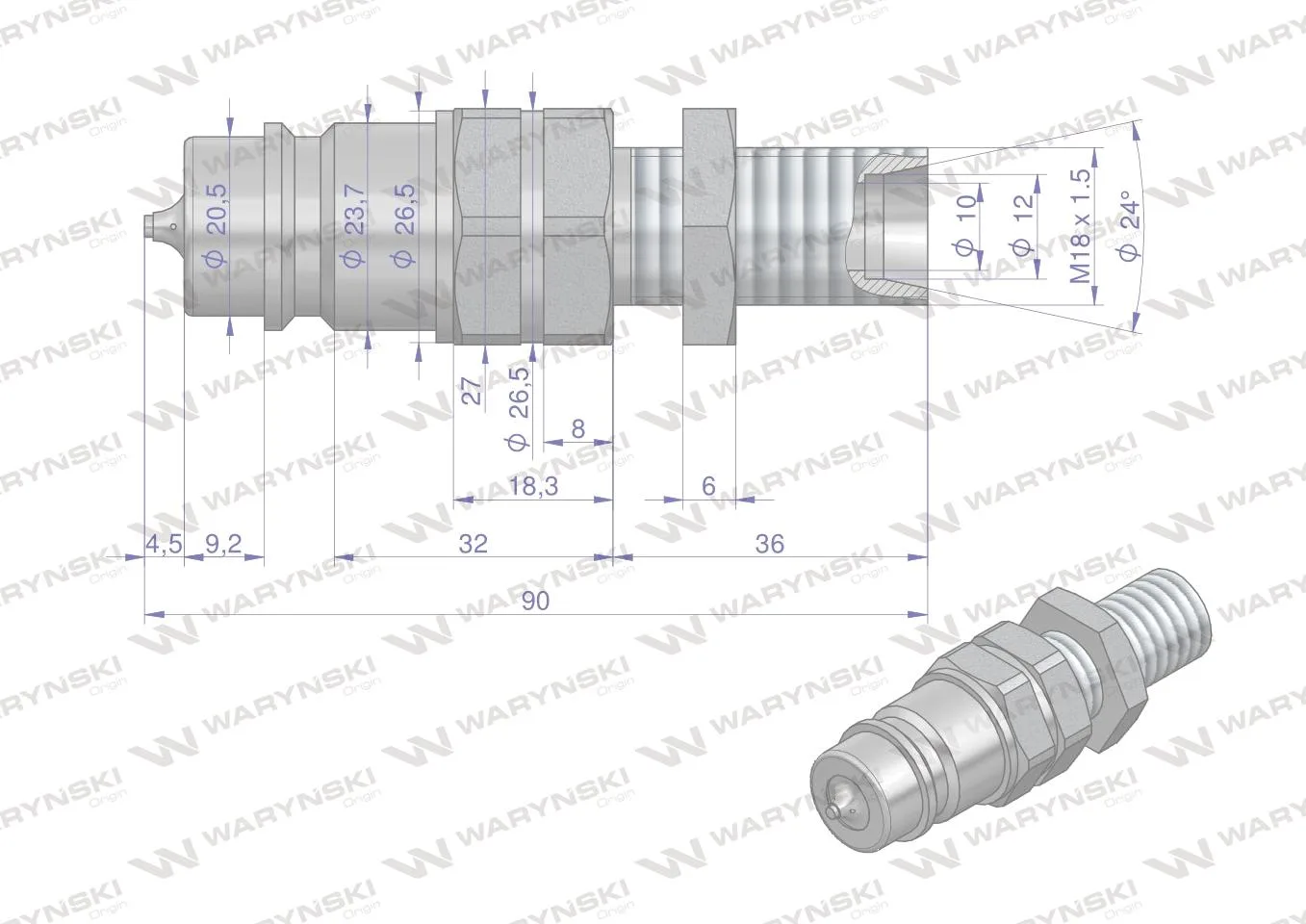 Szybkozłącze hydrauliczne wtyczka long z eliminatorem ciśnienia M18x1.5 gwint zew. EURO (9100818W) (ISO 7241-A) Waryński - obrazek 2