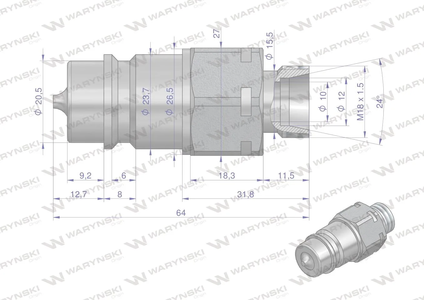 Szybkozłącze hydrauliczne wtyczka M18x1.5 gwint zewnętrzny EURO (9100818W) (ISO 7241-A) Waryński - obrazek 2