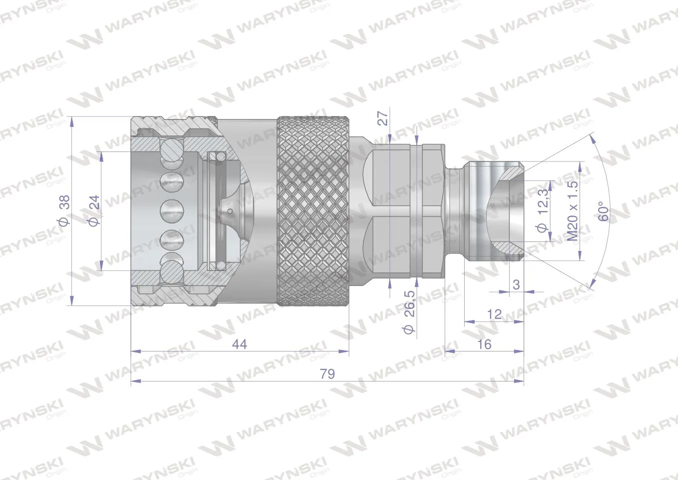 Szybkozłącze hydrauliczne gniazdo z eliminatorem ciśnienia M20x1.5 gwint zew. EURO PUSH-PULL (9100822G) (ISO 7241-A) Waryński - obrazek 4