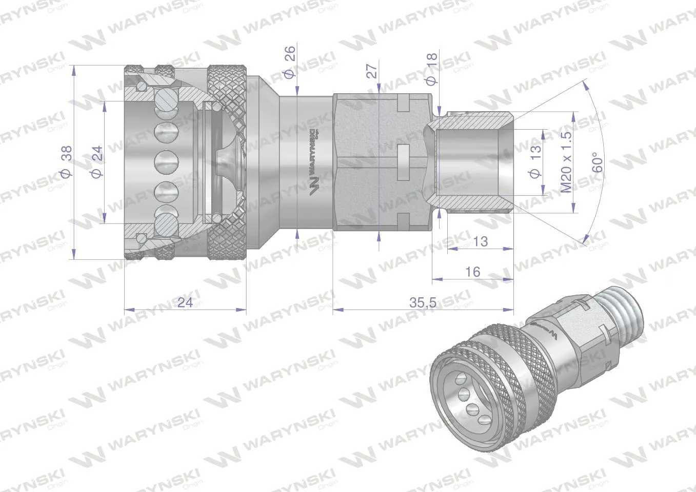Szybkozłącze hydrauliczne gniazdo M20x1.5 gwint zewnętrzny EURO (ISO 7241-A) Waryński - obrazek 2