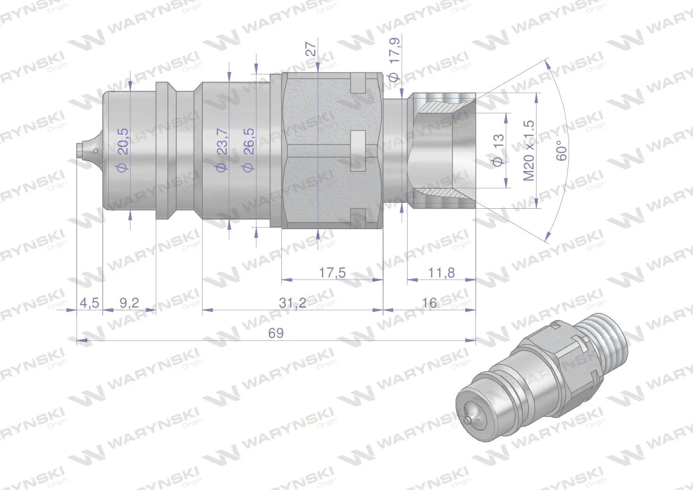 Szybkozłącze hydrauliczne wtyczka z eliminatorem ciśnienia M20x1.5 gwint zew. EURO (9100822W) (ISO 7241-A) Waryński - obrazek 4