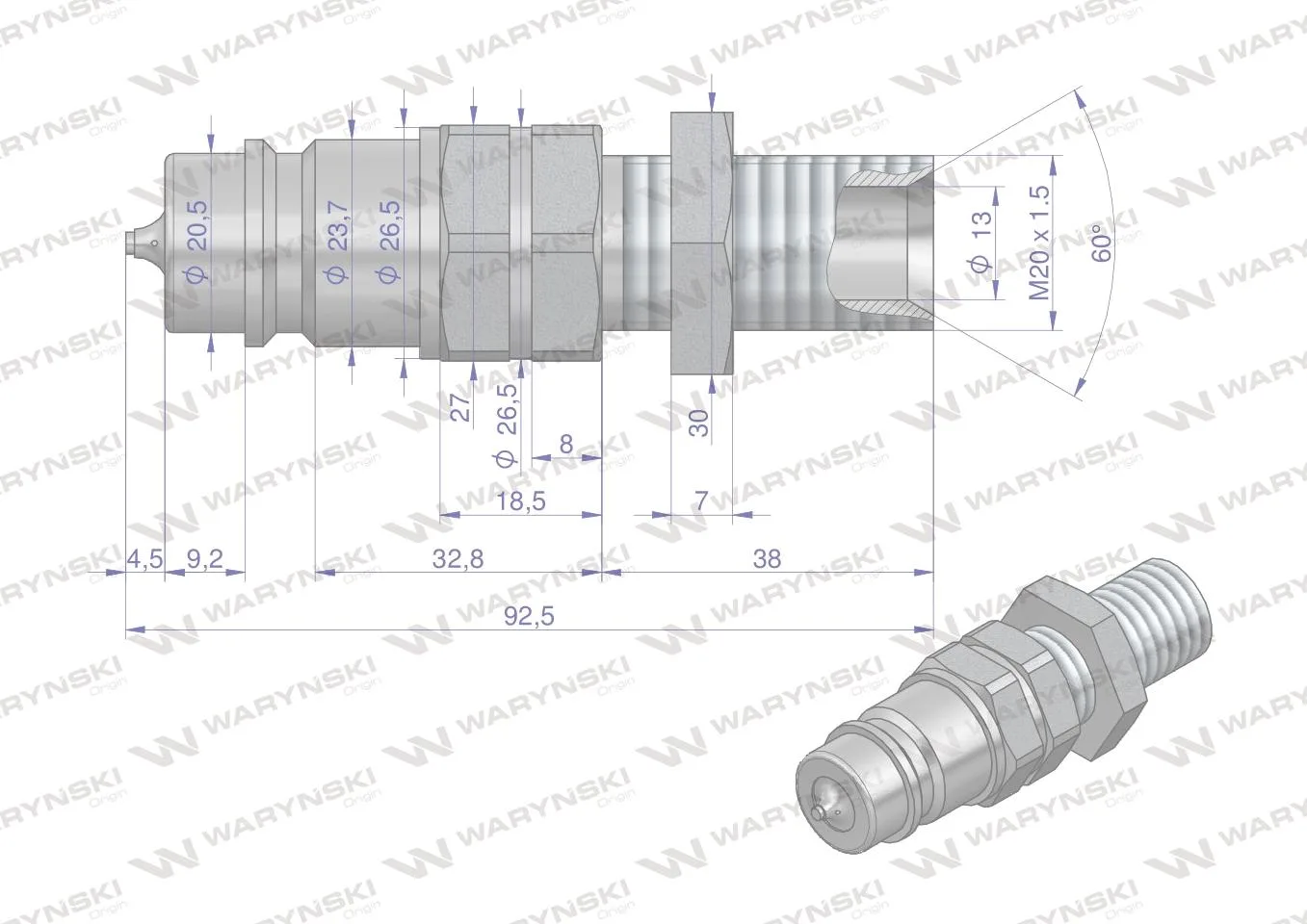 Szybkozłącze hydrauliczne wtyczka long z eliminatorem ciśnienia M20x1.5 gwint zewnętrzny EURO (ISO 7241-A) Waryński - obrazek 2