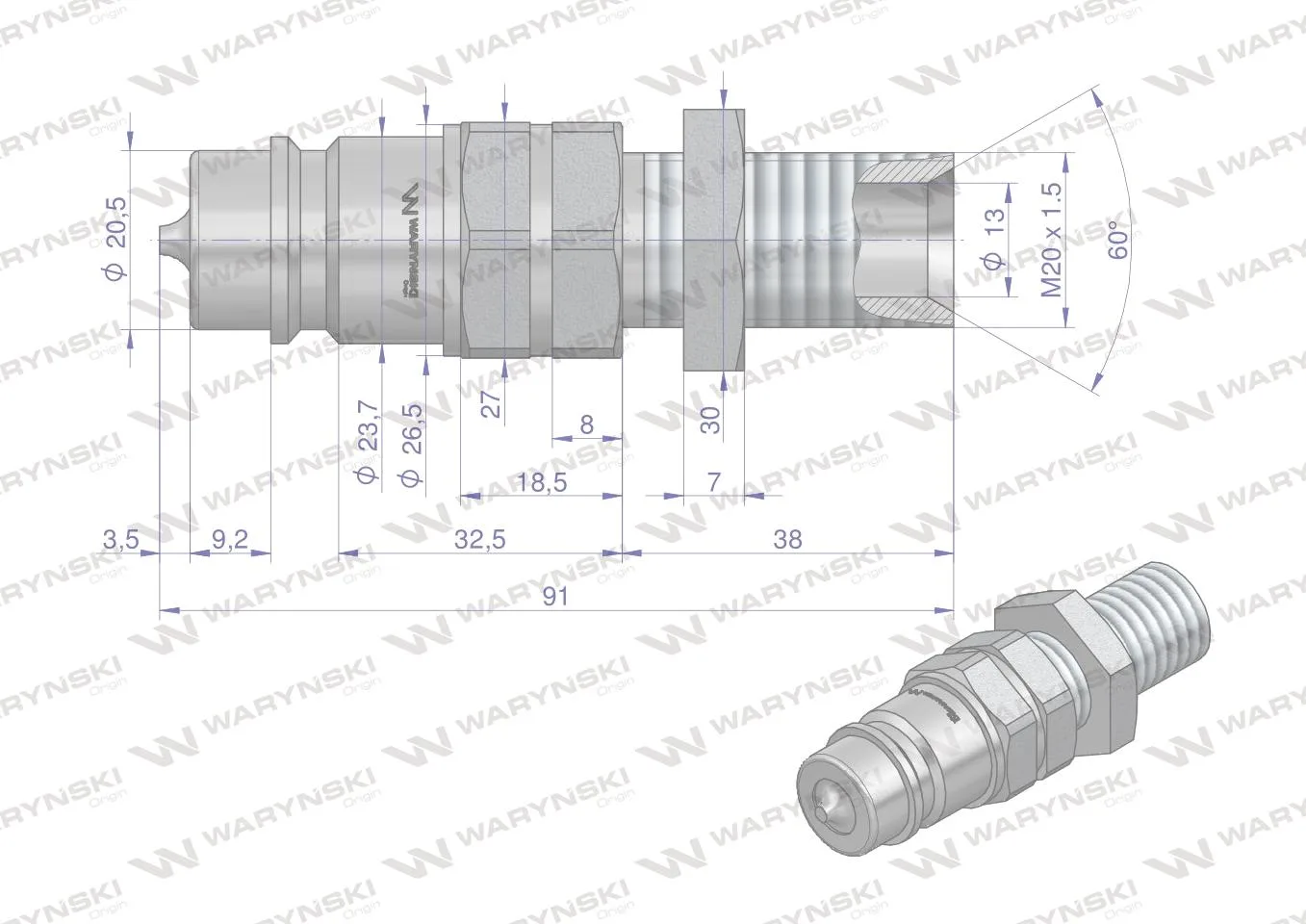 Szybkozłącze hydrauliczne wtyczka long M20x1.5 gwint zewnętrzny EURO (ISO 7241-A) Waryński - obrazek 3