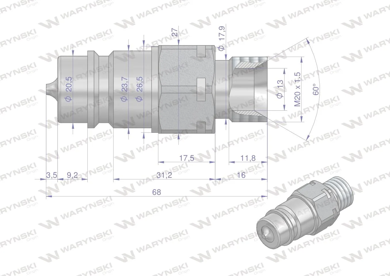 Szybkozłącze hydrauliczne wtyczka M20x1.5 gwint zewnętrzny EURO (9100822W) (ISO 7241-A) Waryński - obrazek 2