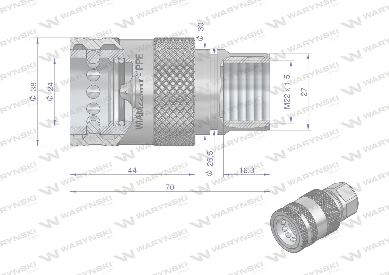 Szybkozłącze hydrauliczne gniazdo z eliminatorem ciśnienia M22x1.5 gwint wew. EURO PUSH-PULL (ISO 7241-A) Waryński - obrazek 4