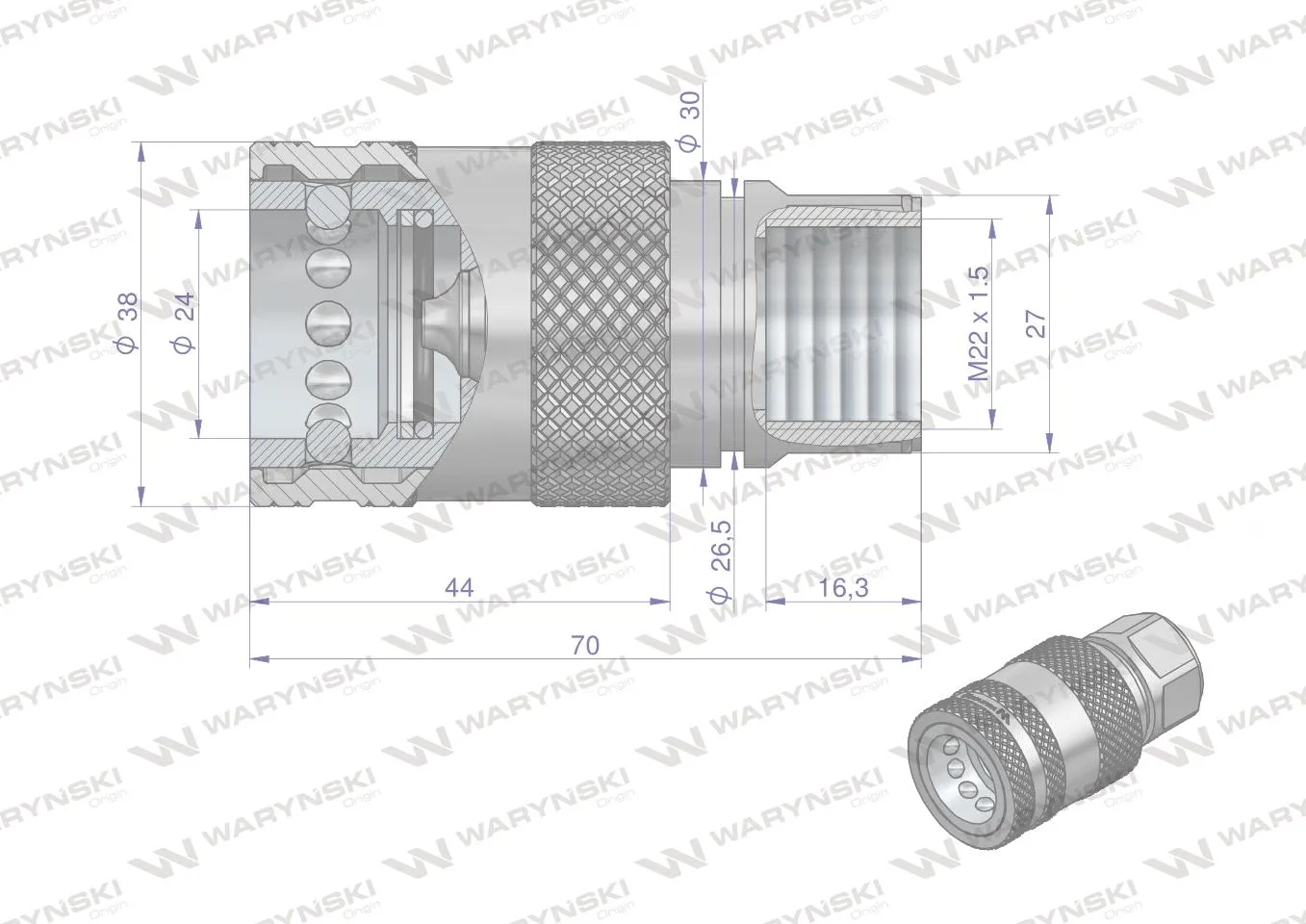 Szybkozłącze hydrauliczne gniazdo M22x1.5 gwint wewnętrzny EURO PUSH-PULL (ISO 7241-A) Waryński - obrazek 2