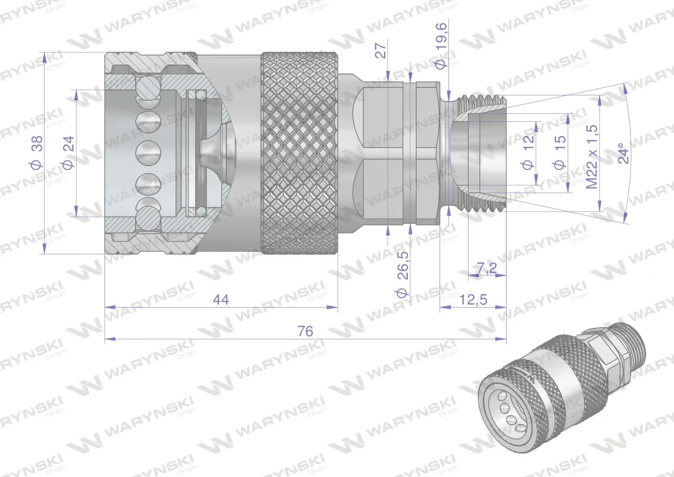 Szybkozłącze hydrauliczne gniazdo M22x1.5 gwint zewnętrzny EURO PUSH-PULL (9100822G) (ISO 7241-A) Waryński (opakowanie 10szt) - obrazek 3