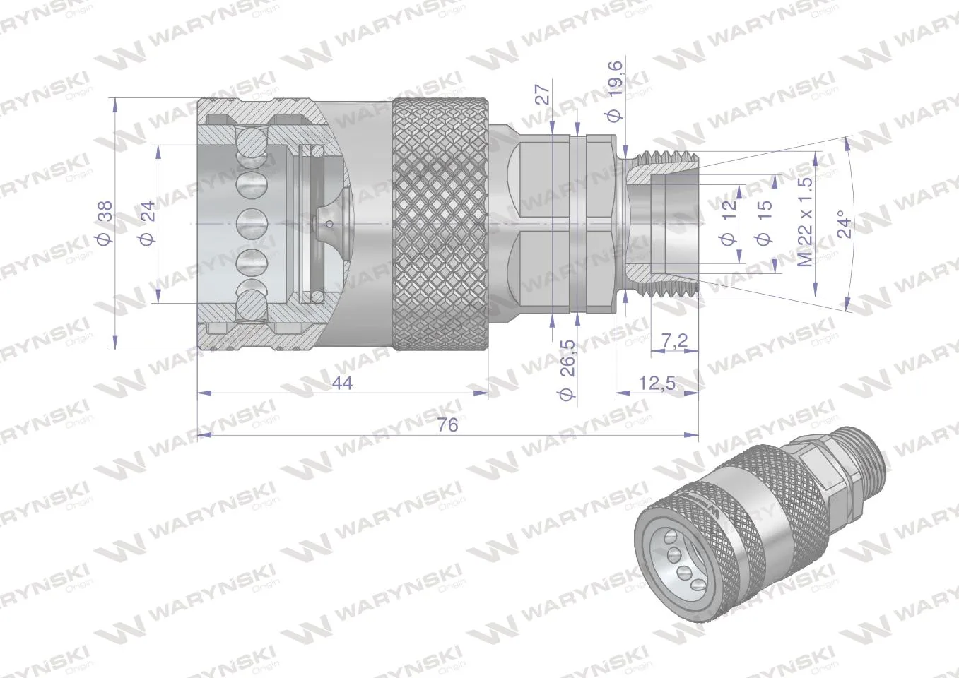 Szybkozłącze hydrauliczne gniazdo z eliminatorem ciśnienia M22x1.5 gwint zew. EURO PUSH-PULL (9100822G) (ISO 7241-A) Waryński - obrazek 2