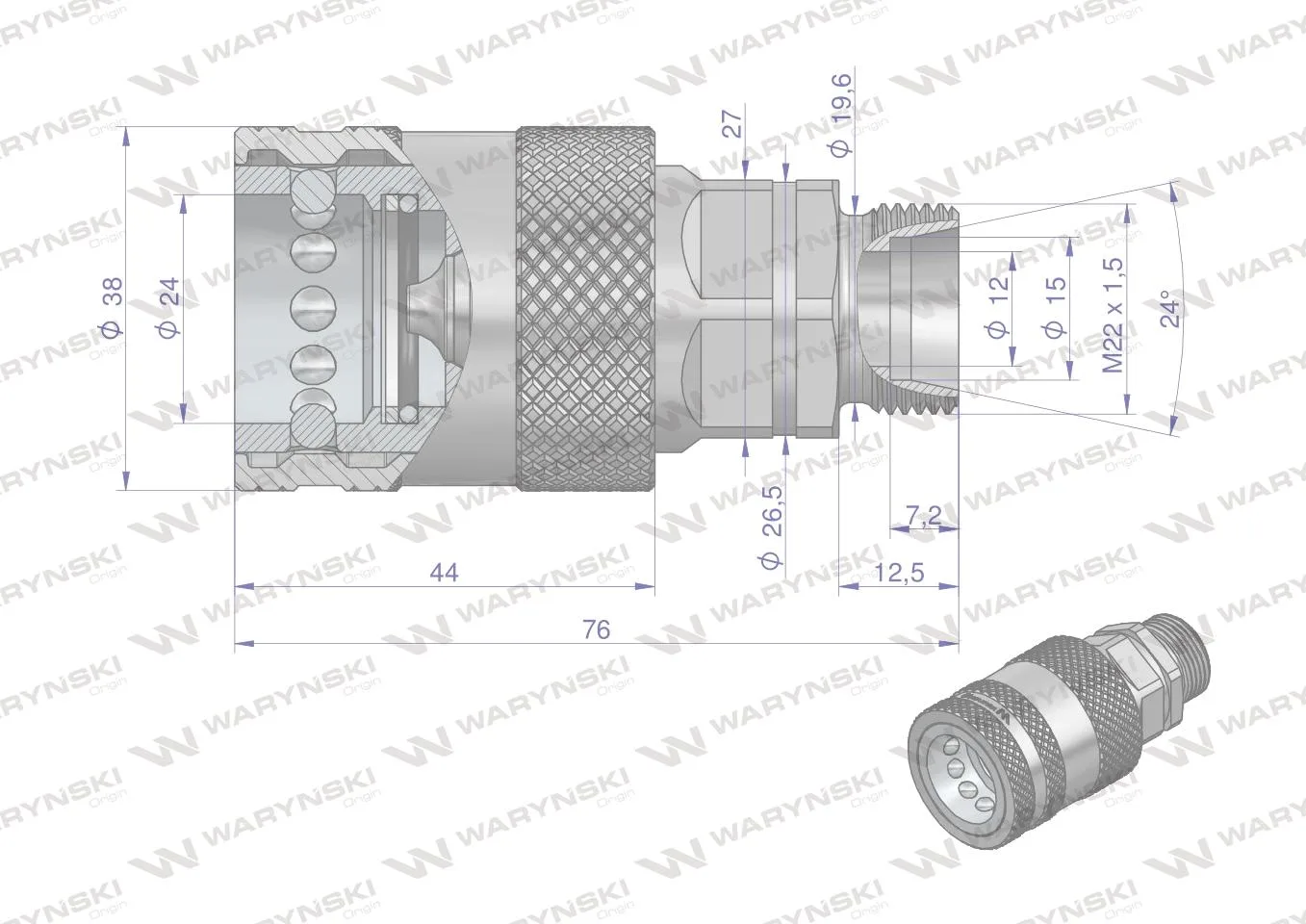 Szybkozłącze hydrauliczne gniazdo M22x1.5 gwint zewnętrzny EURO PUSH-PULL (9100822G) (ISO 7241-A) Waryński - obrazek 4