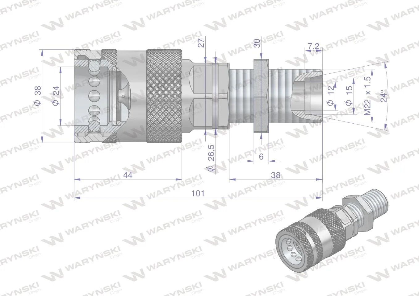 Szybkozłącze hydrauliczne gniazdo long z eliminatorem ciśnienia M22x1.5 gwint zew. EURO PUSH-PULL (9100822GL) (ISO 7241-A) Waryński - obrazek 4