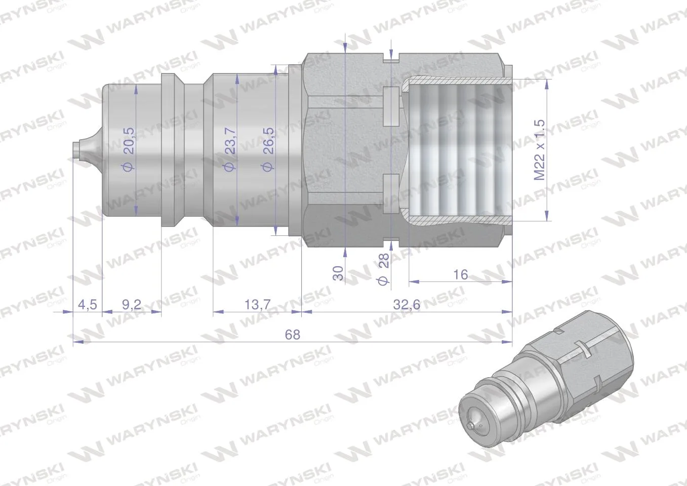 Szybkozłącze hydrauliczne wtyczka z eliminatorem ciśnienia M22x1.5 gwint wew. EURO (ISO 7241-A) Waryński - obrazek 4