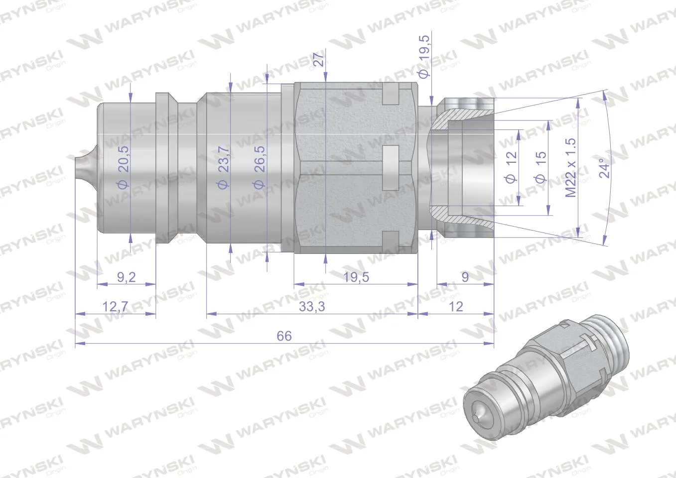 Szybkozłącze hydrauliczne wtyczka M22x1.5 gwint zewnętrzny EURO (9100822W) (ISO 7241-A) Waryński (opakowanie 100szt) - obrazek 2