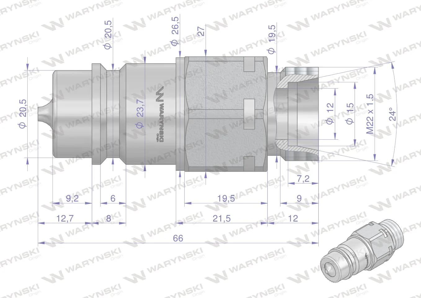 Szybkozłącze hydrauliczne wtyczka M22x1.5 gwint zewnętrzny EURO (9100822W) (ISO 7241-A) Waryński (opakowanie 10szt) - obrazek 2