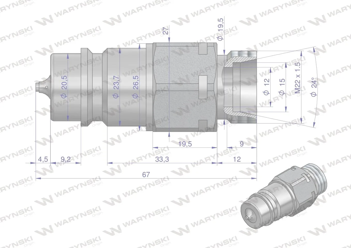 Szybkozłącze hydrauliczne wtyczka z eliminatorem ciśnienia M22x1.5 gwint zew. EURO (9100822W) (ISO 7241-A) Waryński - obrazek 2