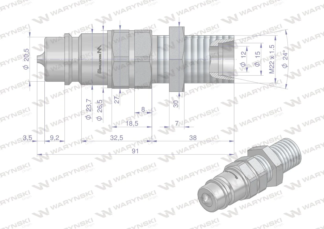 Szybkozłącze hydrauliczne wtyczka long M22x1.5 gwint zewnętrzny EURO (9100822W) (ISO 7241-A) Waryński - obrazek 2