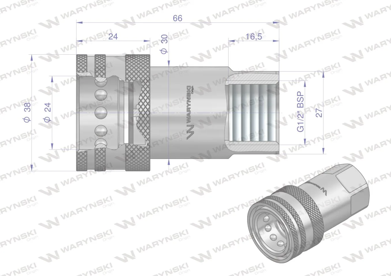 Szybkozłącze hydrauliczne gniazdo G1/2"BSP gwint wewnętrzny EURO ISO 7241-A z eliminatorem ciśnienia Waryński - obrazek 4