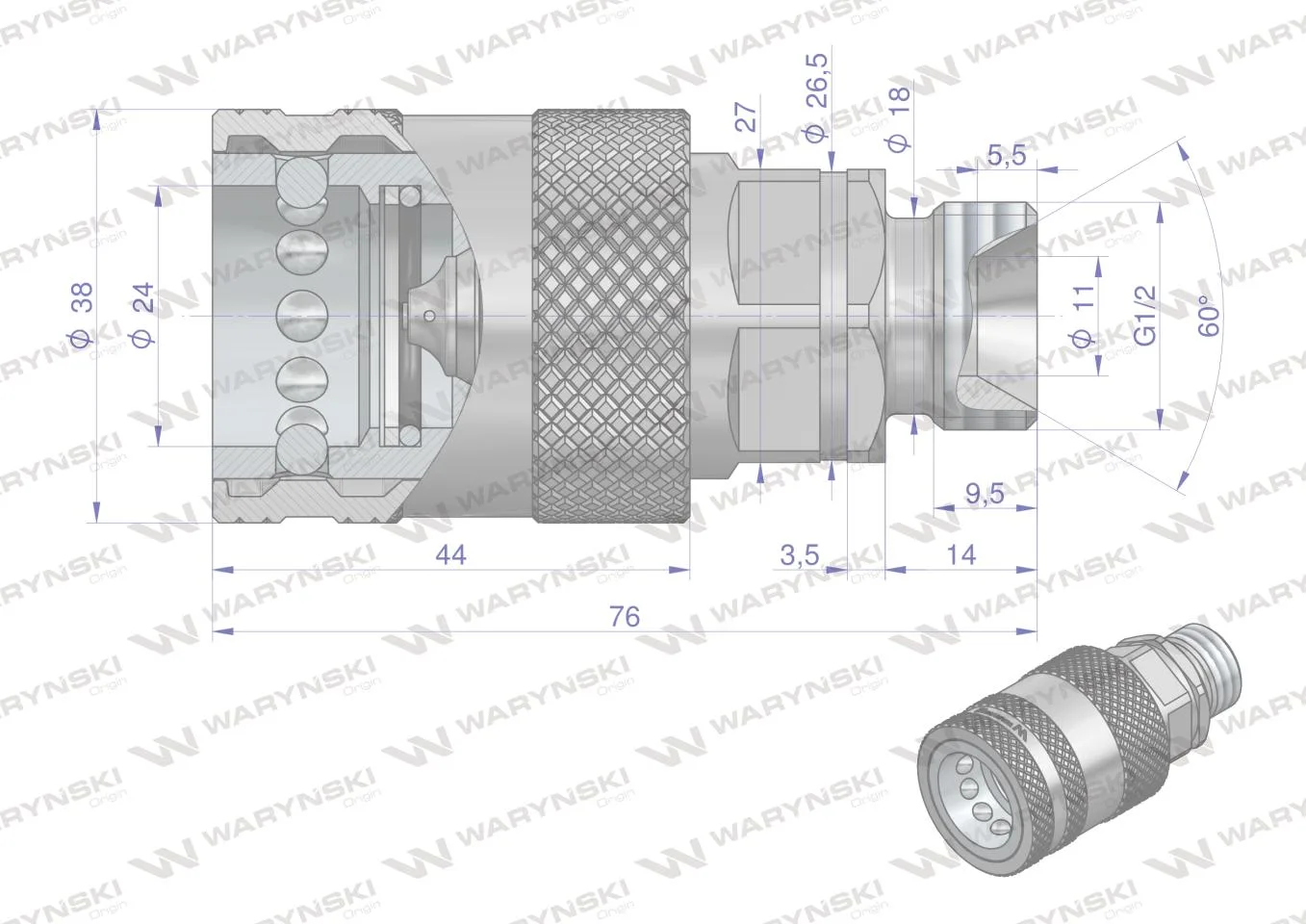 Szybkozłącze hydrauliczne gniazdo G1/2"BSP gwint zewnętrzny EURO PUSH-PULL (ISO 7241-A) z eliminatorem ciśnienia Waryński - obrazek 4