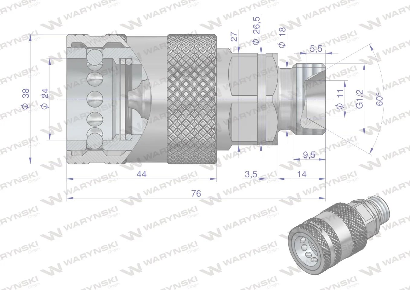 Szybkozłącze hydrauliczne gniazdo G1/2"BSP gwint zewnętrzny EURO PUSH-PULL (ISO 7241-A) Waryński - obrazek 4