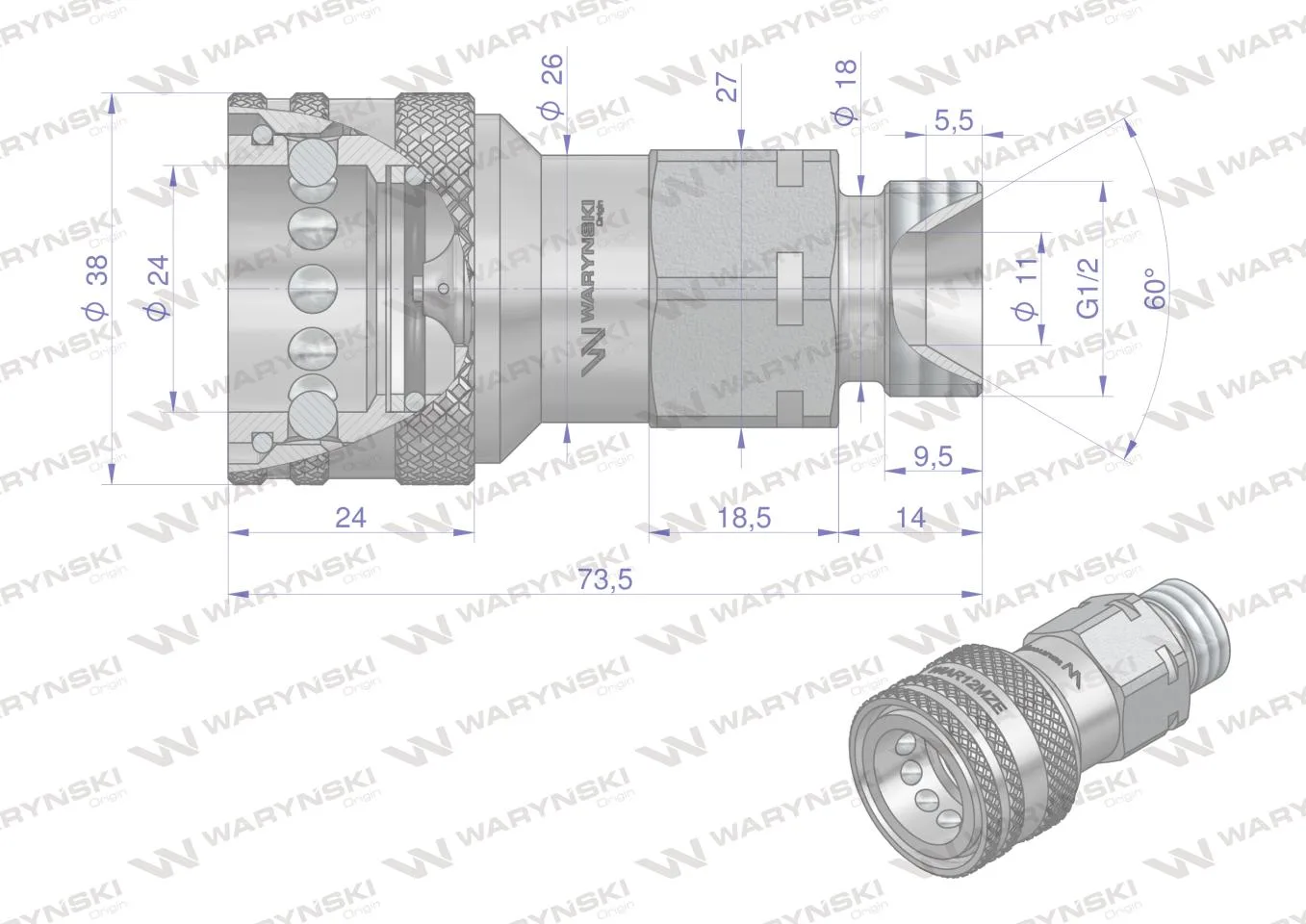 Szybkozłącze hydrauliczne gniazdo G1/2"BSP gwint zewnętrzny EURO ISO 7241-A z eliminatorem ciśnienia Waryński - obrazek 4